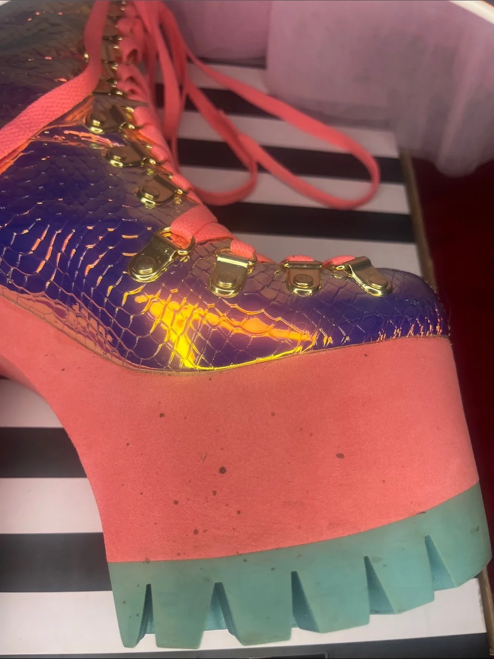 Iridescent Purple Platform Lace-Up Boots with Coral Laces